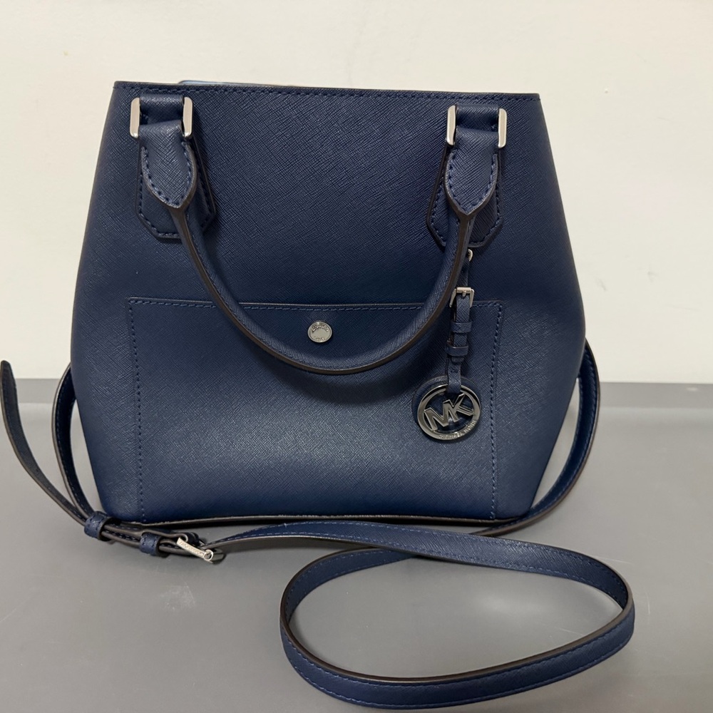 Michael Kors Navy Saffiano Satchel with Logo Charm
